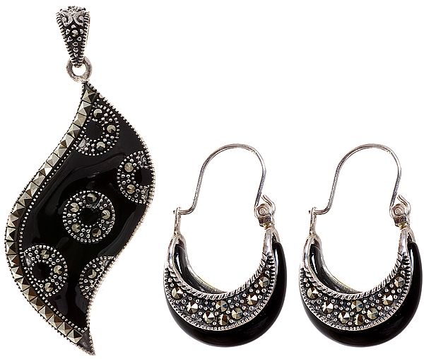 Black Hue Pendant and Earrings Set with Marcasite