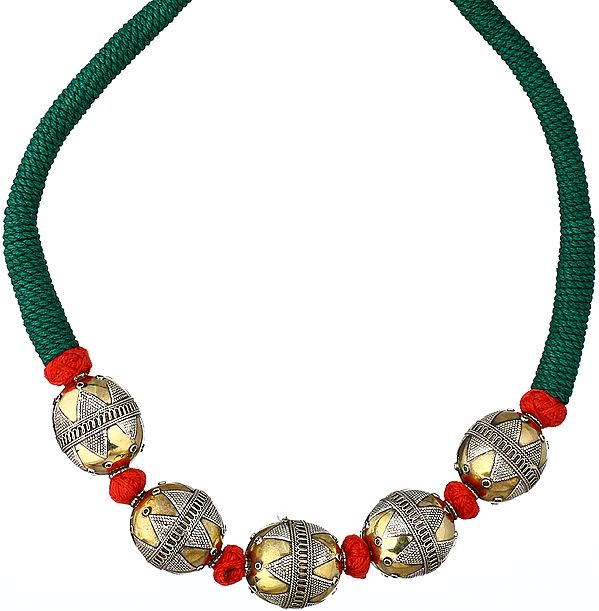 Green Cord Necklace with Granulated Beads