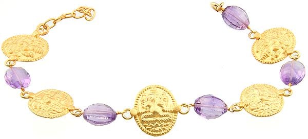 Lord Ganesha Gold Plated Bracelet with Faceted Amethyst
