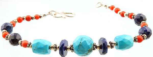 Triple Gemstone Bracelet (Coral, Lapis Lazuli and Turquoise)