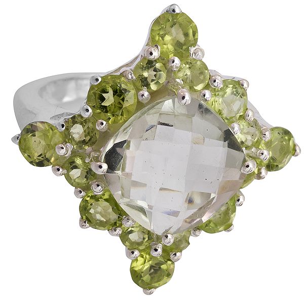 Faceted Peridot Ring with Prehnite