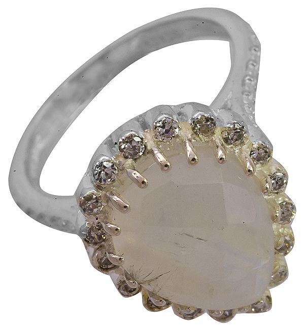 Faceted Rainbow Moonstone Ring with CZ