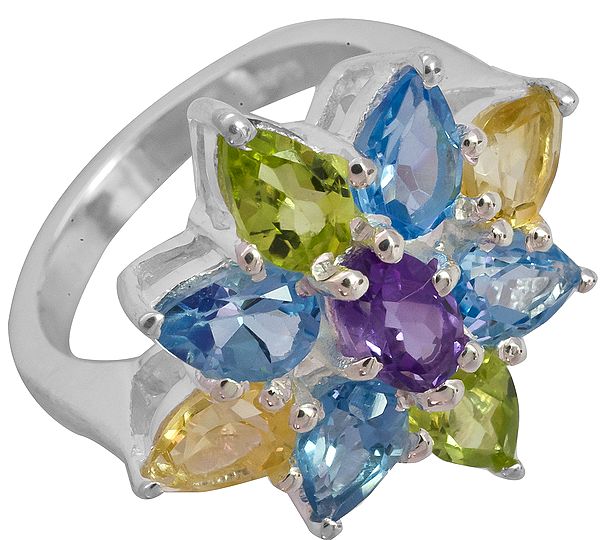 Faceted Gemstone Flower Flower Ring ( Blue Topaz, Peridot, Citrine and Amethyst)