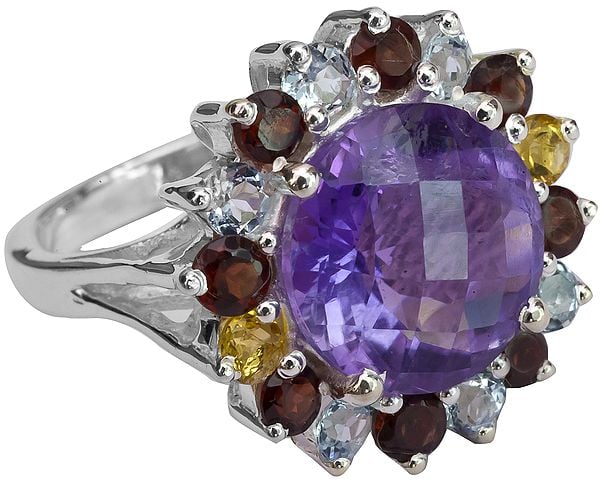 Faceted Amethyst Ring with Garnet, Citrine and BT