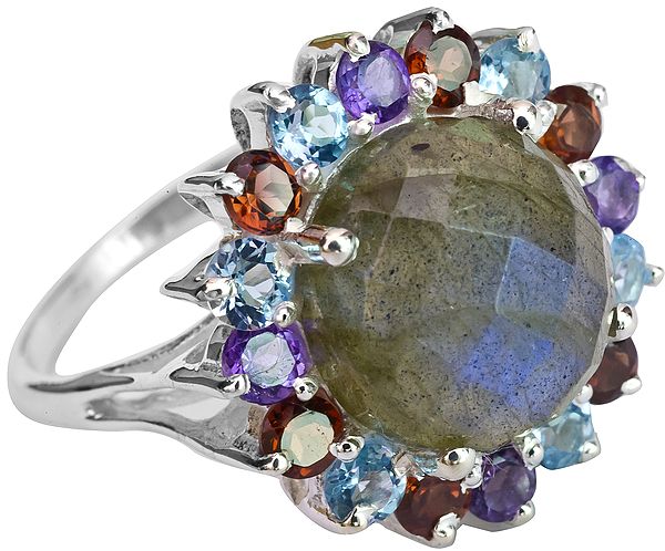 Faceted Labradorite Ring with Blue Topaz, Amethyst and Garnet