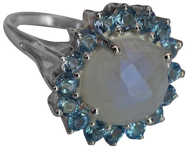 Faceted Rainbow Moonstone Ring with Blue Topaz