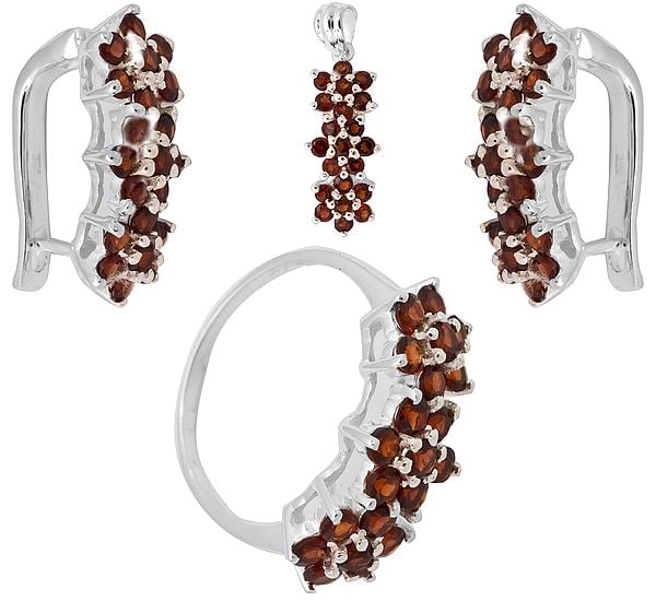 Faceted Garnet  Pendant, Earrings and Ring Set
