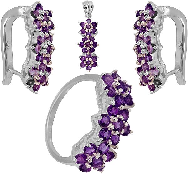 Faceted Amethyst Pendant, Earrings and Ring Set
