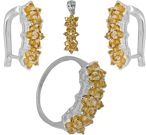 Faceted Citrine Pendant, Earrings and Ring Set