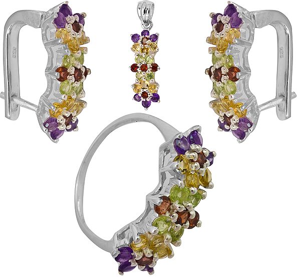 Faceted Amethyst, Citrine, Garnet and Peridot Pendant, Earrings and Ring Set