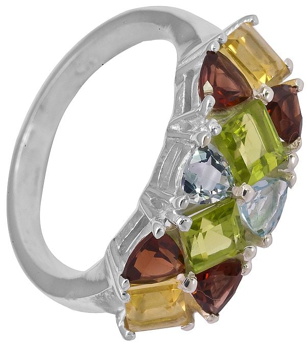 Faceted Four Gemstone Ring (Citrine, Garnet, Peridot and Blue Topaz)