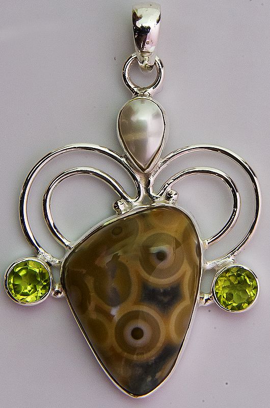 Picture Jasper Pendant with Faceted Peridot and Pearl