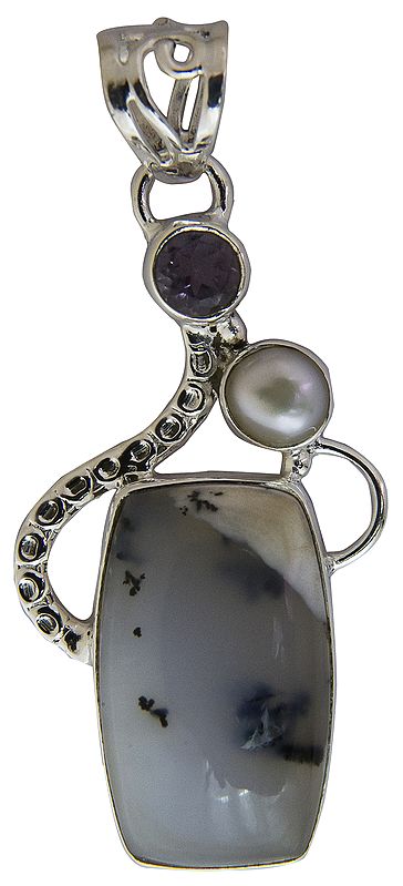 Dendrite Opal Pendant with pearl and Amethyst