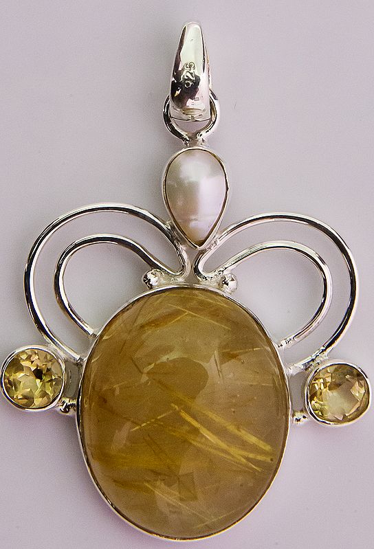 Rutilated Quartz Pendant with Citrine and Pearl