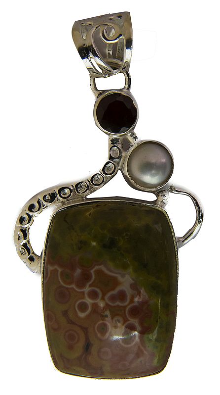 Picture Jasper Pendant with Garnet and Pearl