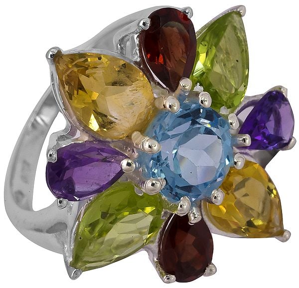 Gemstones Flower Ring (Faceted Garnet, Citrine, Peridot, Amethyst and Blue Topaz)