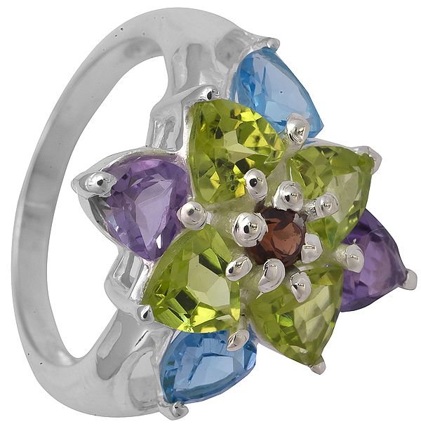 Four-Gems Ring (Faceted Amethyst, Peridot, Blue Topaz and Garnet)