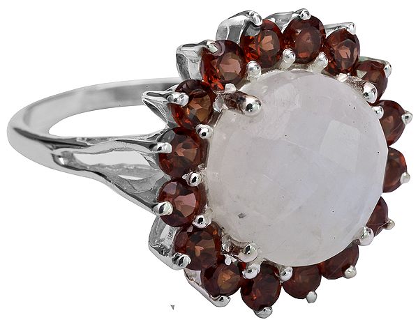 Faceted Rainbow Moonstone Ring with Garnet