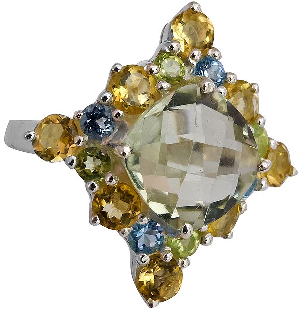 Faceted Gemstone Ring (Prehnite, Citrine, Blue Topaz and Peridot)
