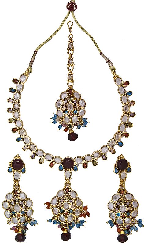 Tri-Color Polki Necklace Set with