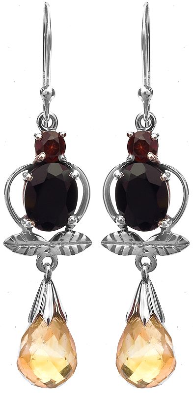 Faceted Triple Gemstone Earrings with Sterling Leaves (Garnet, Black Spinel and Citrine)