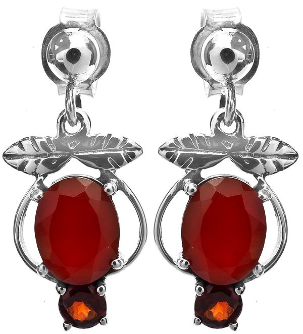 Faceted Carnelian Earrings with Garnet and Sterling Leaves