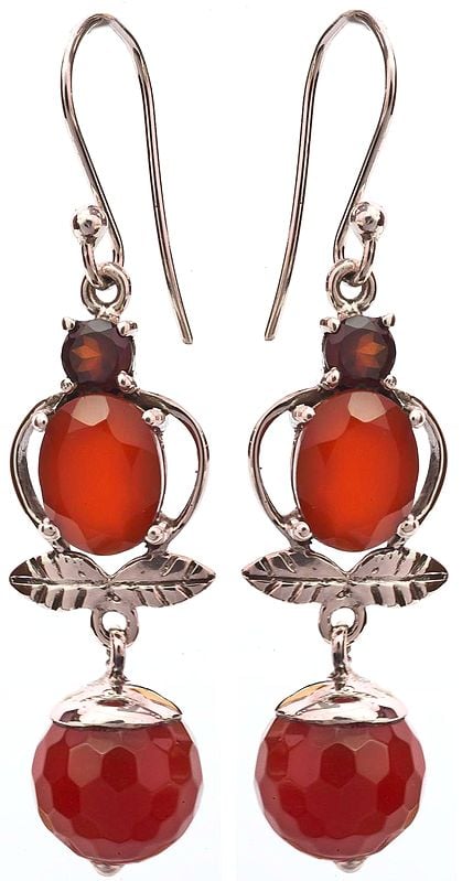 Faceted Carnelian Earrings with Garnet and Sterling Leaves