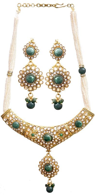 Faux Pearl Polki Necklace Set with Earrings