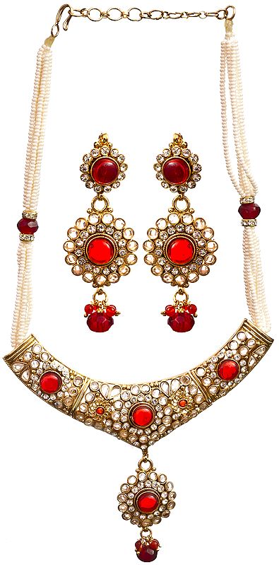 Faux Pearl and Red Glass Polki Necklace with Earrings Set