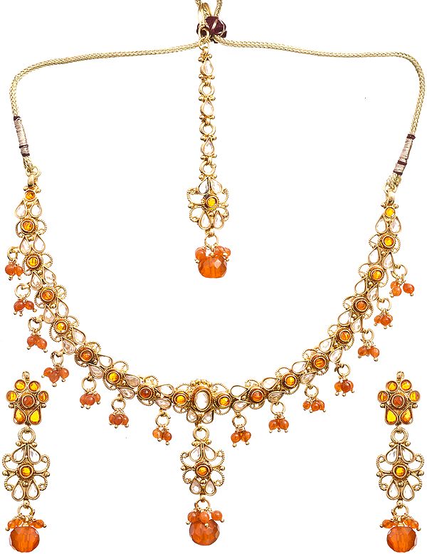 Orange Necklace Set with Tika