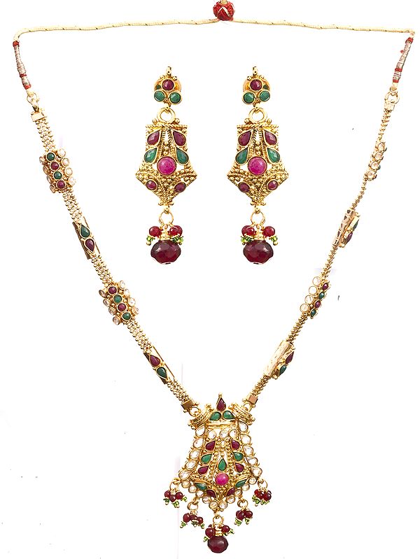 Faux Ruby and Emerald Polki Necklace with Earrings Set