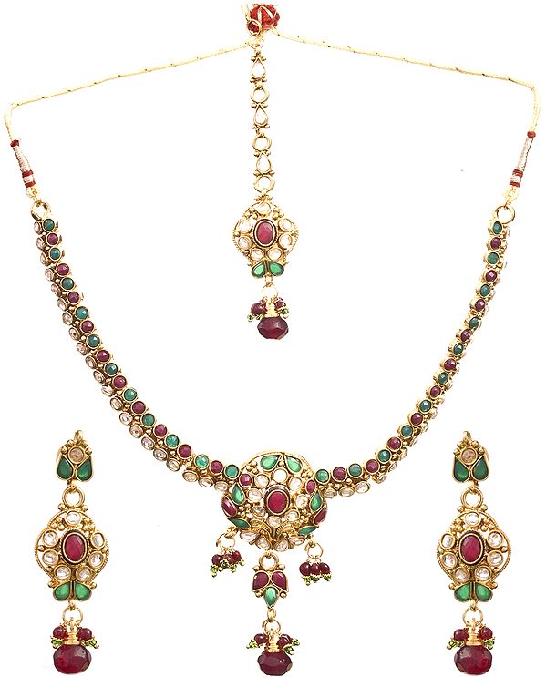 Faux Ruby and Emerald Necklace Set with Mang Tika