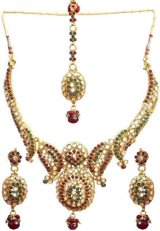 Polki Necklace Set with Faux Ruby and Emerald