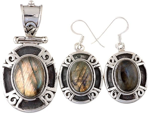 Labradorite Oval Pendant with Earrings Set | Indian Jewelry Sets