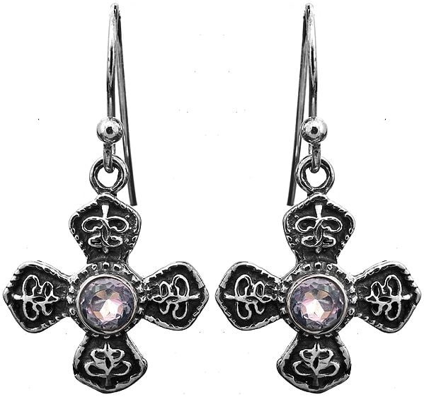 Sterling Victorian Cross Earrings with Faceted Blue Topaz