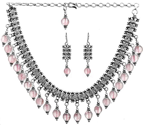 Faceted Rose Quartz Necklace with Earrings Set