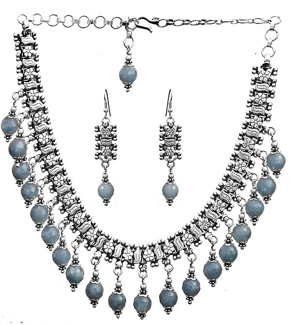 Faceted Blue Chalcedony Necklace with Earrings Set
