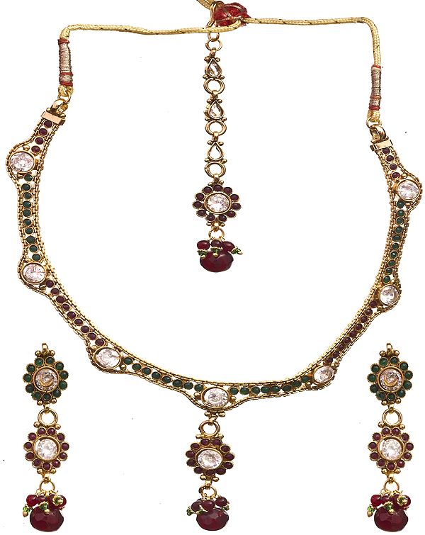 Faux Ruby Necklace Set with Earrings Set and Mang Tika