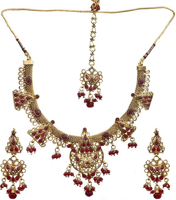 Faux Ruby Necklace With Earrings Set and Mang Tika
