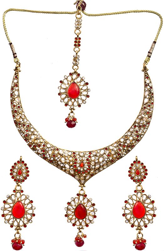 Red-Color Polki Necklace Set with Mang Tiks