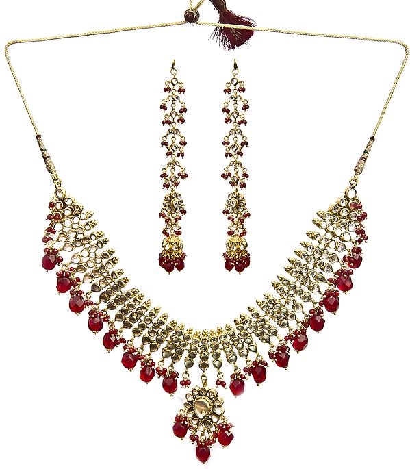 Beaded Kundan and Faux Ruby Necklace Set with Earwrap Earrings