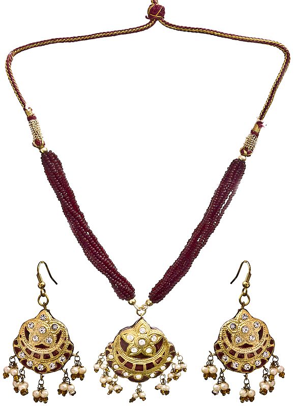 Maroon Necklace and Earrings Set with Golden Accent
