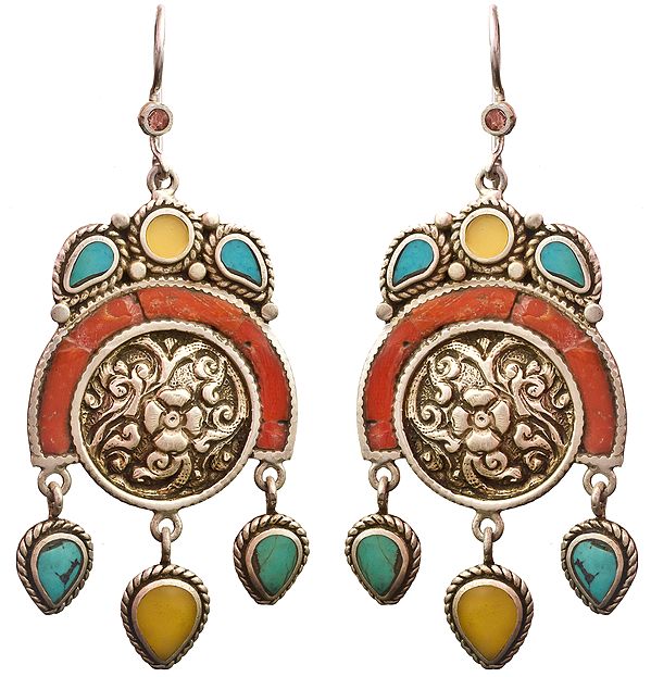 Lotus  Earrings from Nepal with Amber, Coral and Turquoise