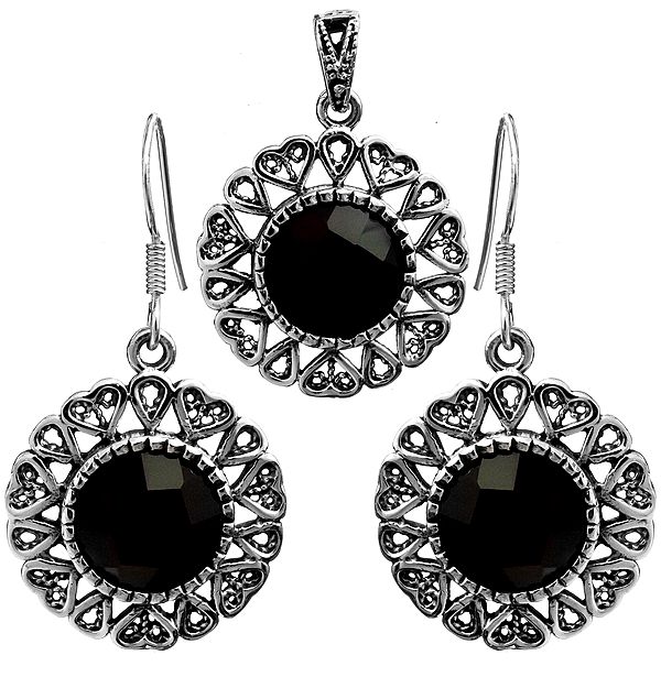 Faceted Black Spinel Flower Pendant with Earrings Set
