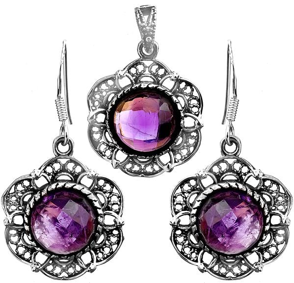 Faceted Amethyst Pendant with Matching Earrings Set
