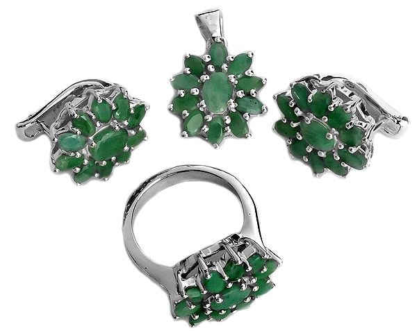 Faceted Emerald Flower Pendant with Earrings and Ring Set