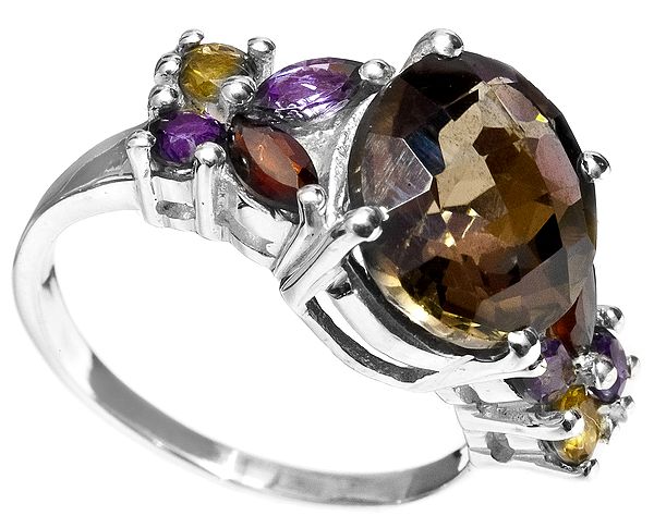 Faceted Smoky Quartz Ring with Amethyst, Garnet and Citrine