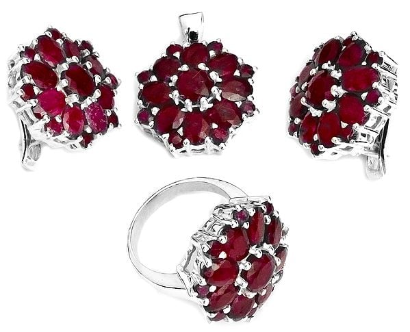 Faceted Ruby Pendant with Earrings and Ring Set