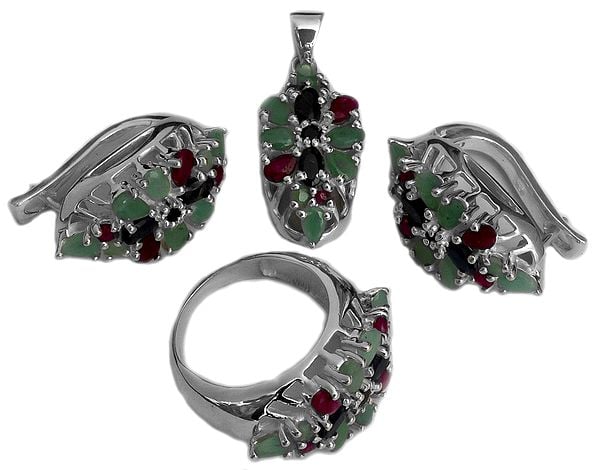Faceted Triple Gemstone Pendant with Earrings and Ring Set (Emerald, Ruby and Sapphire)