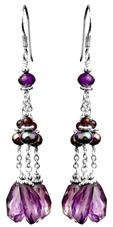 Faceted Amethyst with Pearl and Garnet Earrings